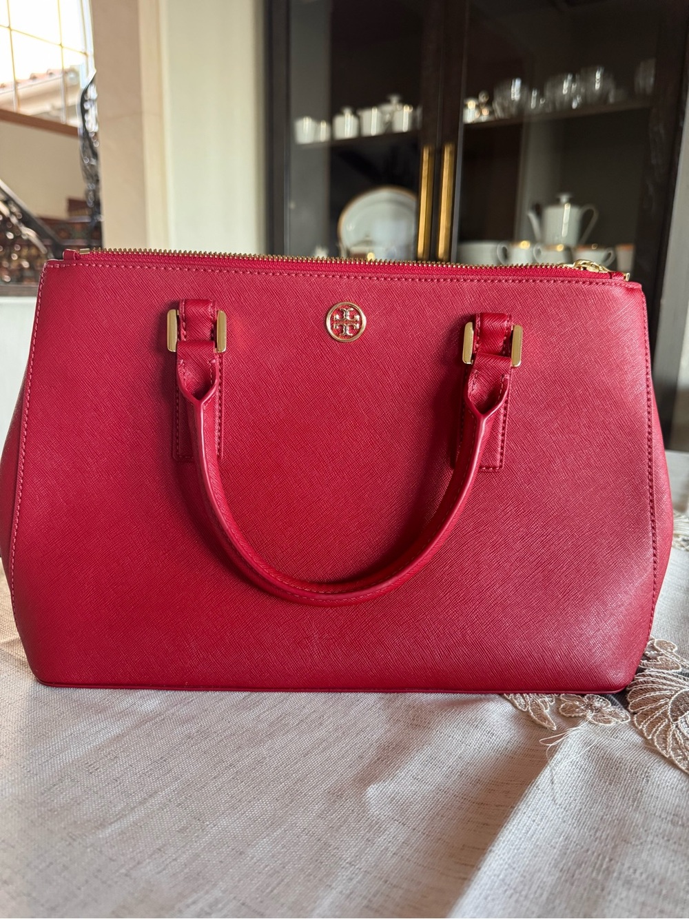 Tory Burch Cherry Red Saffiano Satchel with Gold Hardware
